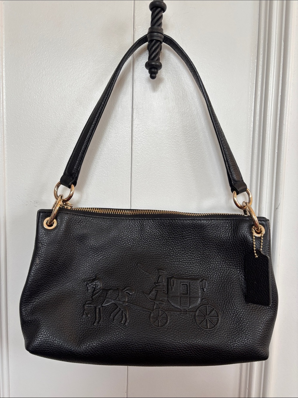 Coach Black Leather Shoulder Bag with Embossed Carriage and Gold Hardware